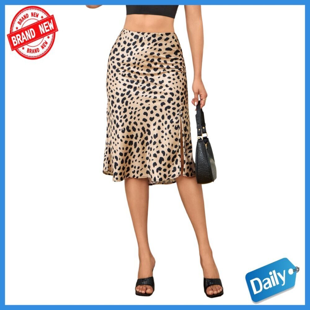 High Waist Satin Midi Skirt Elastic Waist A Line Slit